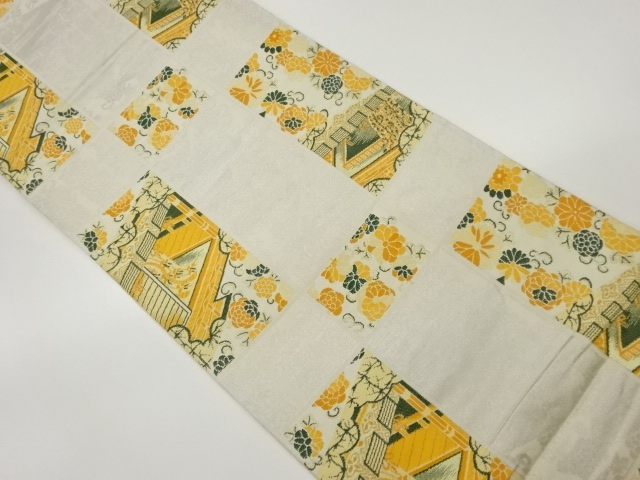 格子に花唐草・洛中風景模様織出し全通袋帯